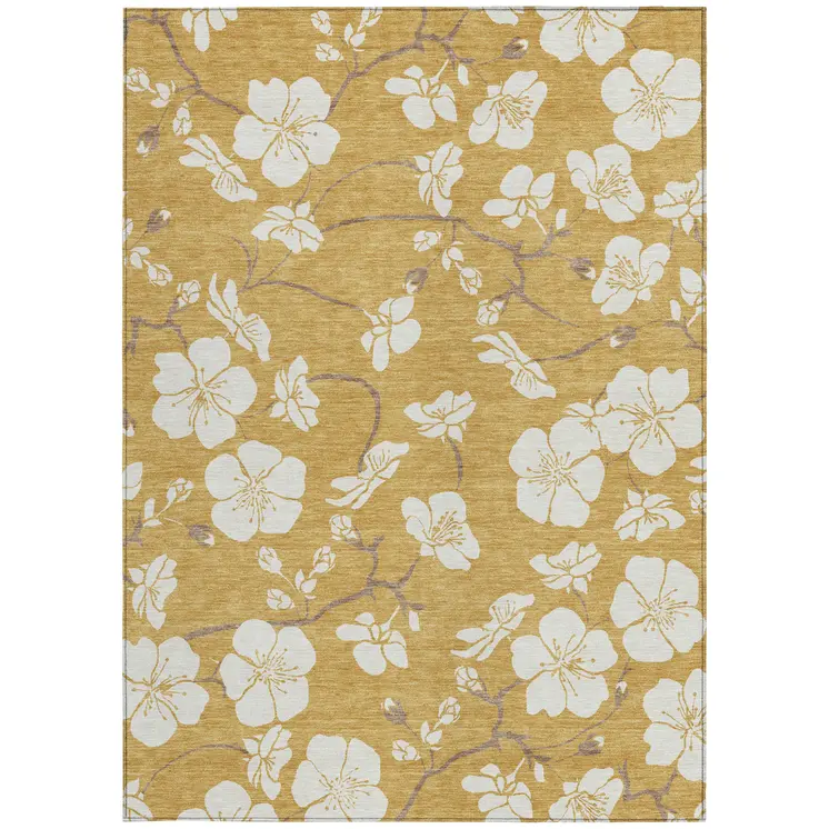 8' X 10' Gold Ivory And Brown Floral Washable Indoor Outdoor Area Rug