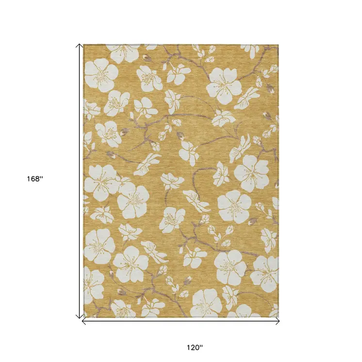 10' X 14' Gold Ivory And Brown Floral Washable Indoor Outdoor Area Rug