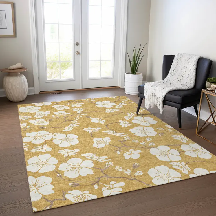 10' X 14' Gold Ivory And Brown Floral Washable Indoor Outdoor Area Rug