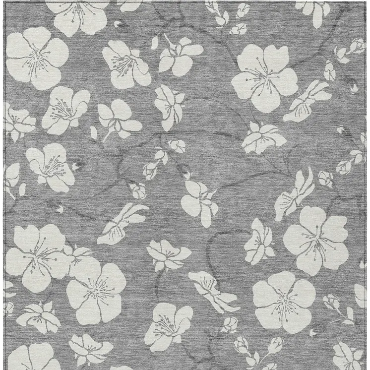 3' X 5' Gray And Ivory Floral Washable Indoor Outdoor Area Rug