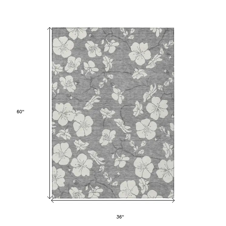 3' X 5' Gray And Ivory Floral Washable Indoor Outdoor Area Rug