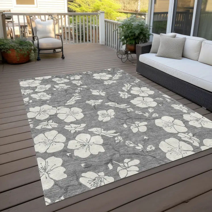 3' X 5' Gray And Ivory Floral Washable Indoor Outdoor Area Rug