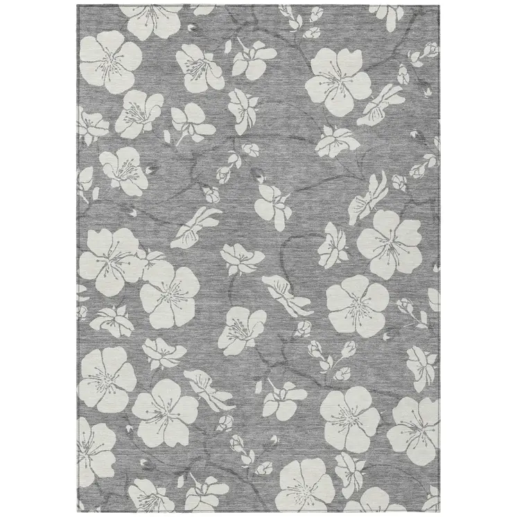 3' X 5' Gray And Ivory Floral Washable Indoor Outdoor Area Rug