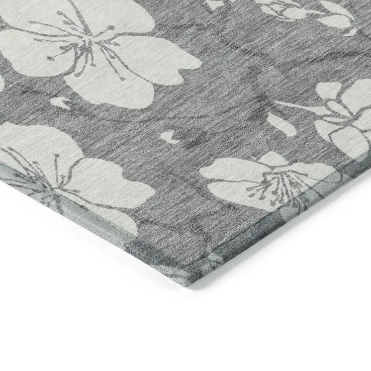 3' X 5' Gray And Ivory Floral Washable Indoor Outdoor Area Rug