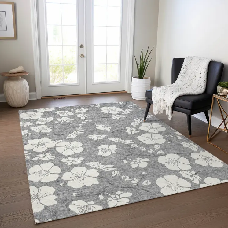 3' X 5' Gray And Ivory Floral Washable Indoor Outdoor Area Rug