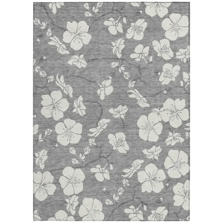 5' X 8' Gray And Ivory Floral Washable Indoor Outdoor Area Rug