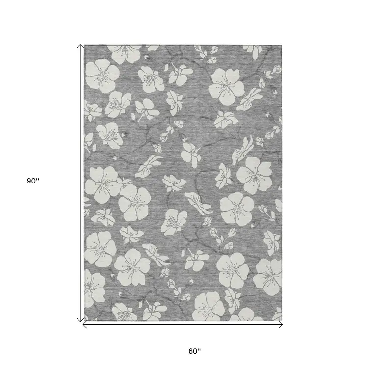 5' X 8' Gray And Ivory Floral Washable Indoor Outdoor Area Rug