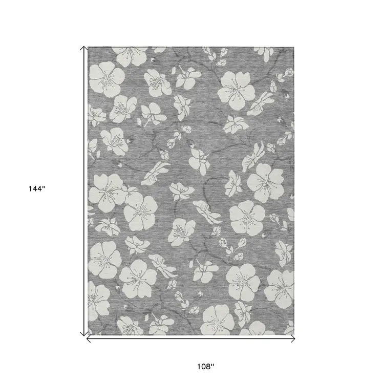 9' X 12' Gray And Ivory Floral Washable Indoor Outdoor Area Rug
