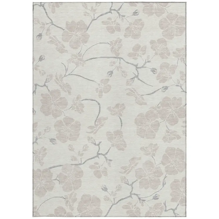 3' X 5' Ivory And Gray Floral Washable Indoor Outdoor Area Rug