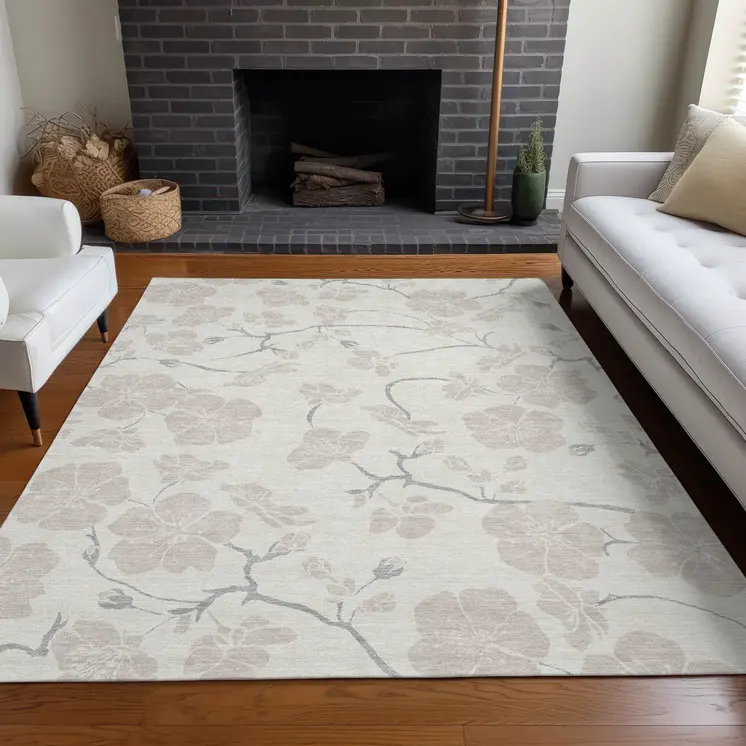 3' X 5' Ivory And Gray Floral Washable Indoor Outdoor Area Rug