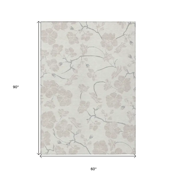 5' X 8' Ivory And Gray Floral Washable Indoor Outdoor Area Rug