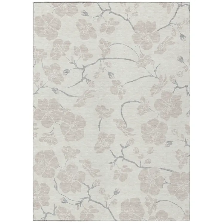 5' X 8' Ivory And Gray Floral Washable Indoor Outdoor Area Rug