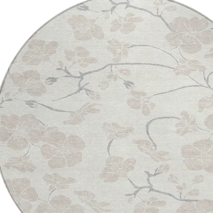 8' Ivory And Gray Round Floral Washable Indoor Outdoor Area Rug