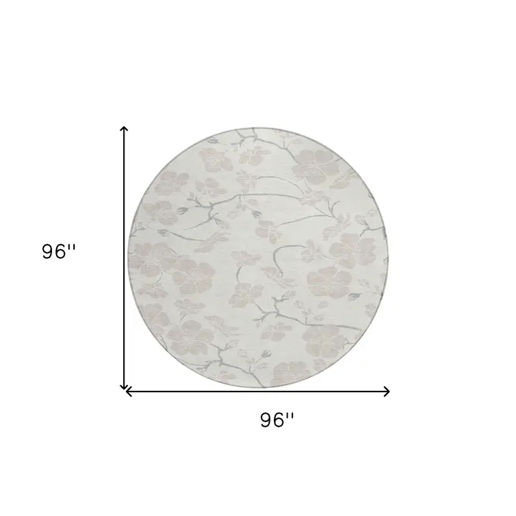 8' Ivory And Gray Round Floral Washable Indoor Outdoor Area Rug
