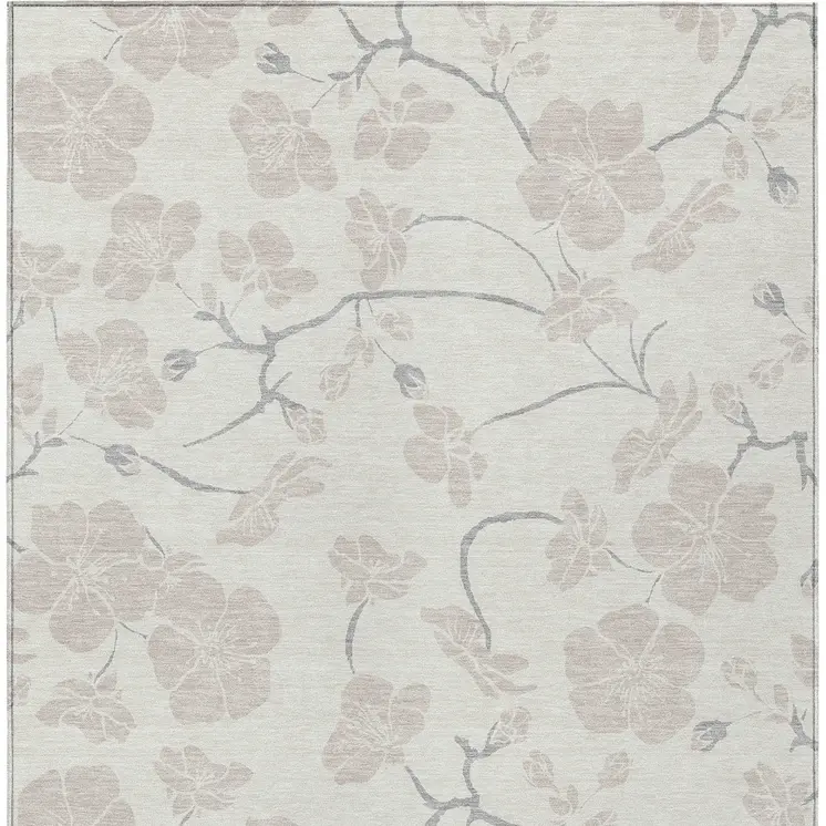 9' X 12' Ivory And Gray Floral Washable Indoor Outdoor Area Rug