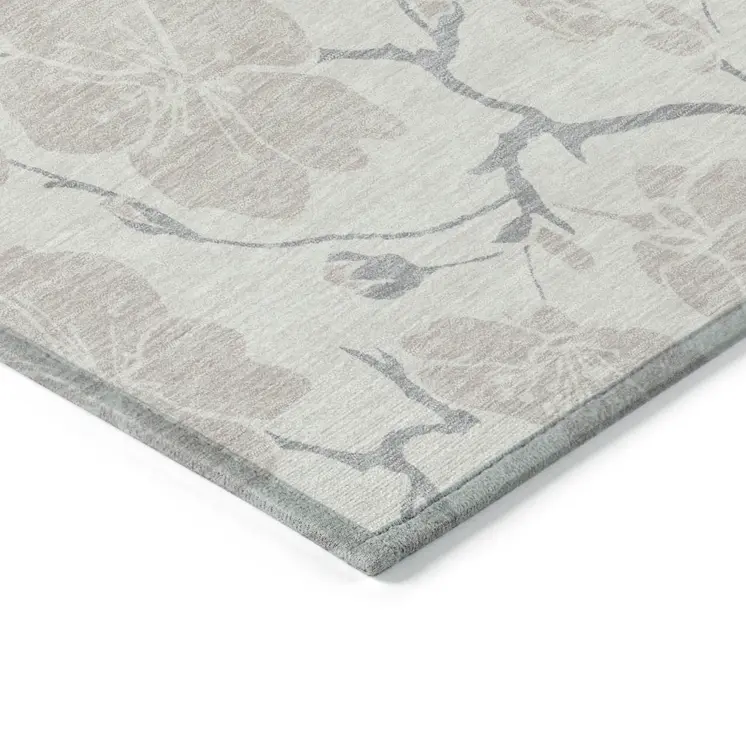 9' X 12' Ivory And Gray Floral Washable Indoor Outdoor Area Rug