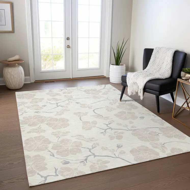 9' X 12' Ivory And Gray Floral Washable Indoor Outdoor Area Rug