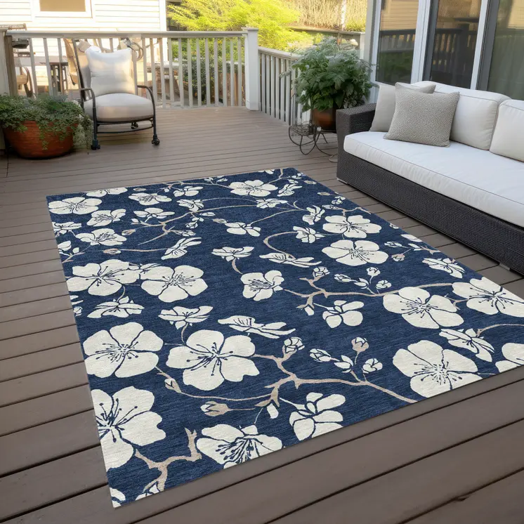 3' X 5' Navy Blue And Ivory Floral Washable Indoor Outdoor Area Rug