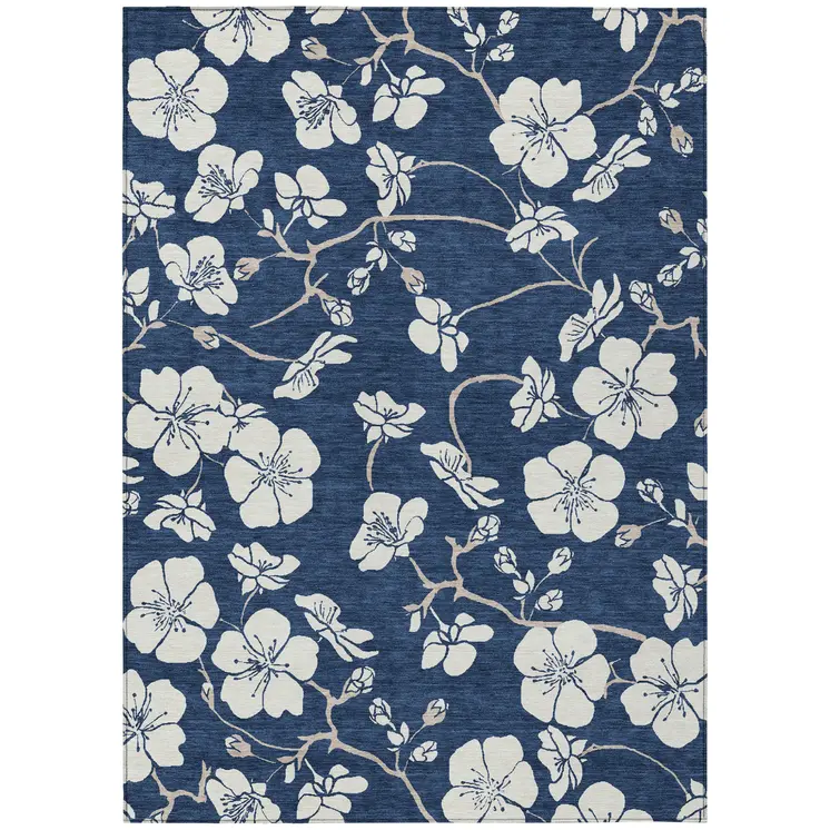 3' X 5' Navy Blue And Ivory Floral Washable Indoor Outdoor Area Rug