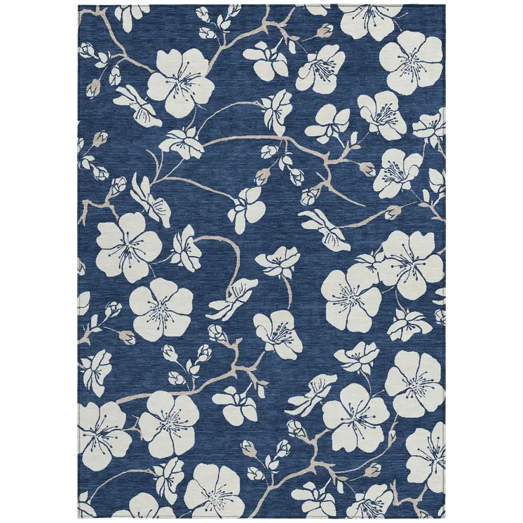 3' X 5' Navy Blue And Ivory Floral Washable Indoor Outdoor Area Rug