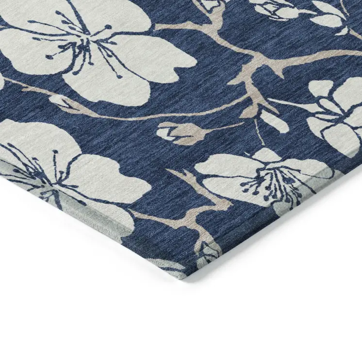 3' X 5' Navy Blue And Ivory Floral Washable Indoor Outdoor Area Rug