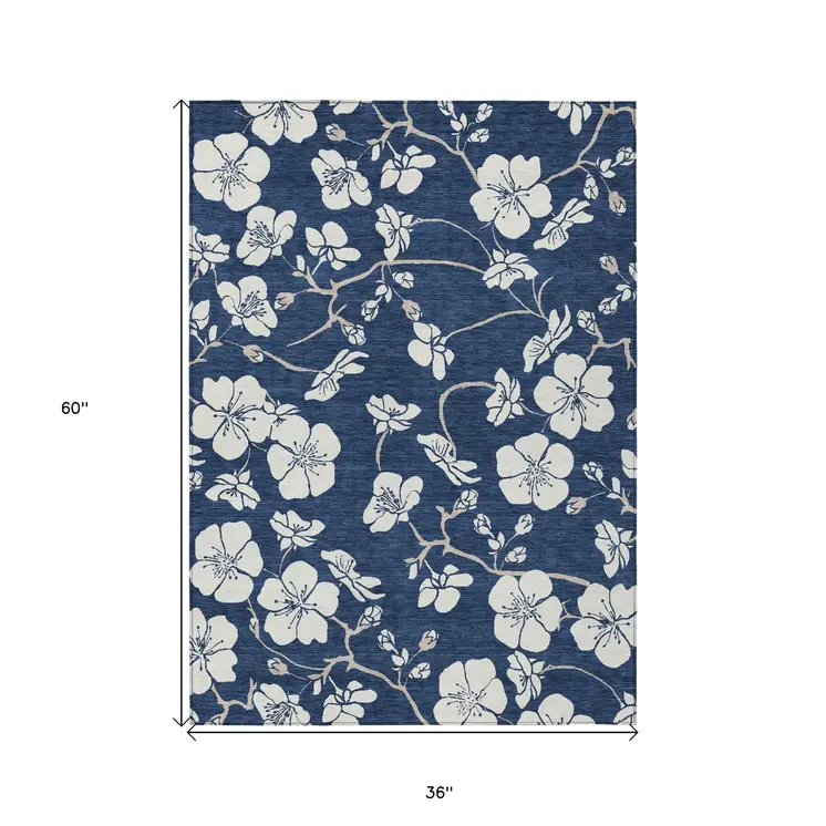 3' X 5' Navy Blue And Ivory Floral Washable Indoor Outdoor Area Rug