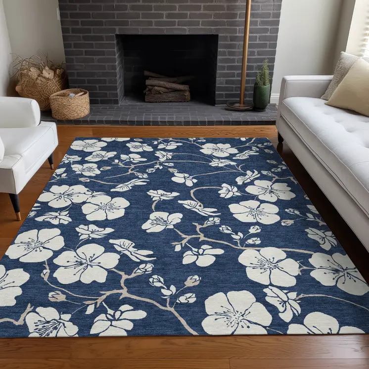 3' X 5' Navy Blue And Ivory Floral Washable Indoor Outdoor Area Rug