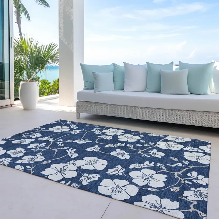 3' X 5' Navy Blue And Ivory Floral Washable Indoor Outdoor Area Rug
