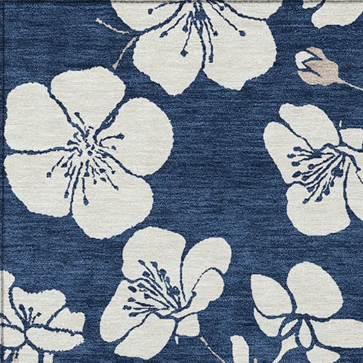 5' X 8' Navy Blue And Ivory Floral Washable Indoor Outdoor Area Rug