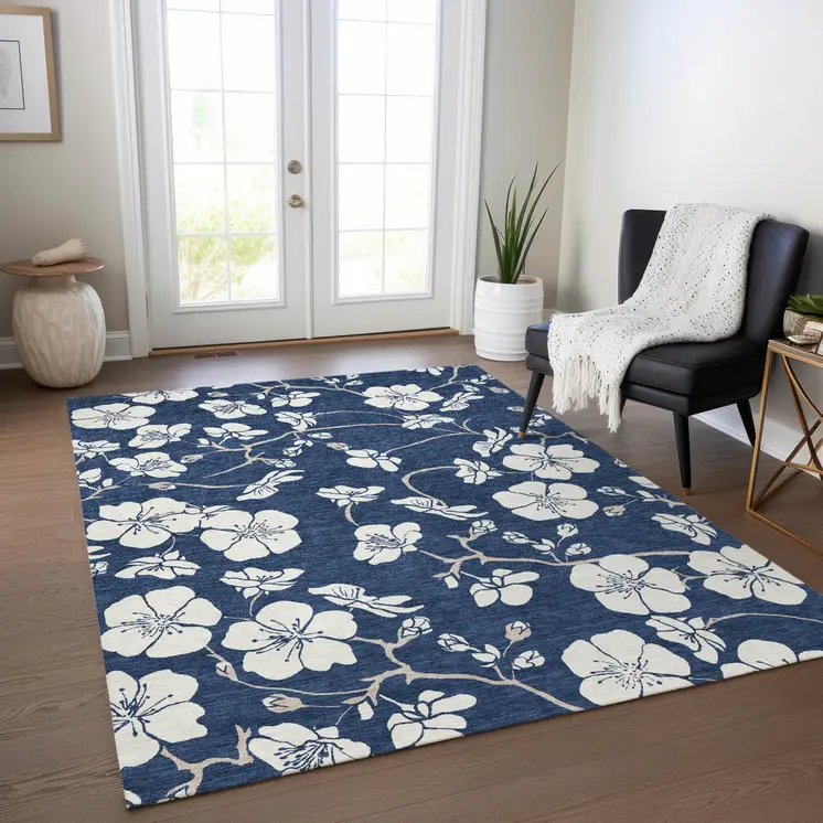5' X 8' Navy Blue And Ivory Floral Washable Indoor Outdoor Area Rug