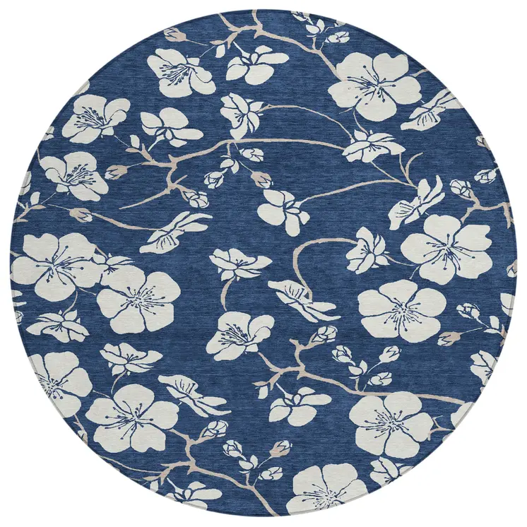 8' Navy Blue And Ivory Round Floral Washable Indoor Outdoor Area Rug