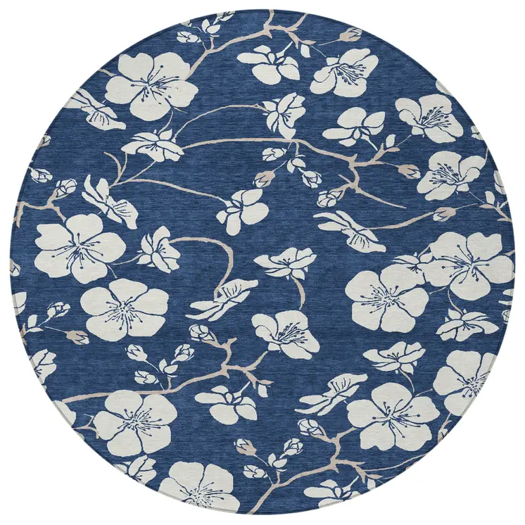 8' Navy Blue And Ivory Round Floral Washable Indoor Outdoor Area Rug
