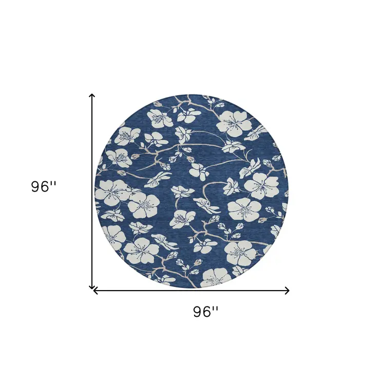 8' Navy Blue And Ivory Round Floral Washable Indoor Outdoor Area Rug