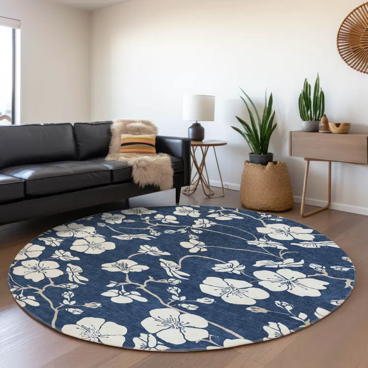 8' Navy Blue And Ivory Round Floral Washable Indoor Outdoor Area Rug