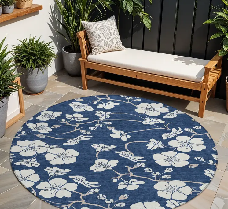 8' Navy Blue And Ivory Round Floral Washable Indoor Outdoor Area Rug