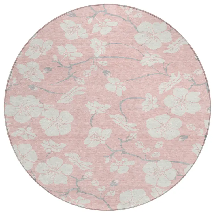 8' Pink Ivory And Gray Round Floral Washable Indoor Outdoor Area Rug