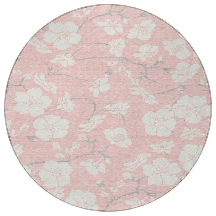 8' Pink Ivory And Gray Round Floral Washable Indoor Outdoor Area Rug