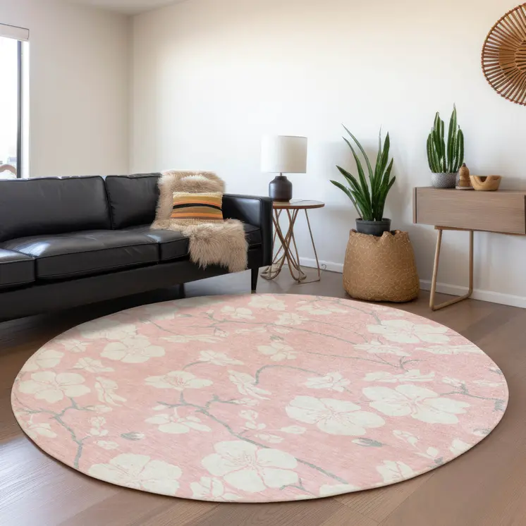 8' Pink Ivory And Gray Round Floral Washable Indoor Outdoor Area Rug