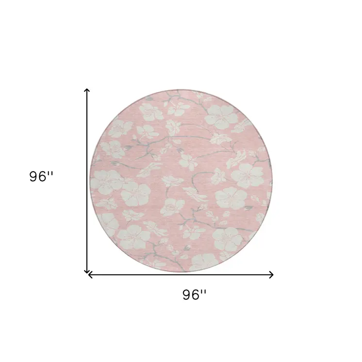 8' Pink Ivory And Gray Round Floral Washable Indoor Outdoor Area Rug