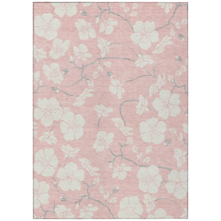 8' X 10' Pink Ivory And Gray Floral Washable Indoor Outdoor Area Rug