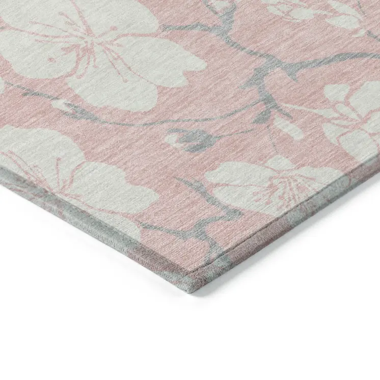 8' X 10' Pink Ivory And Gray Floral Washable Indoor Outdoor Area Rug
