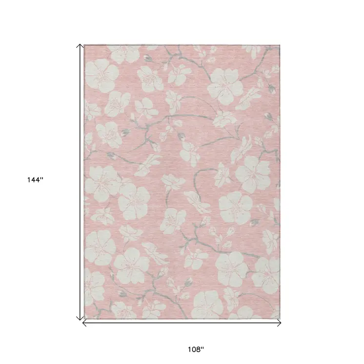 9' X 12' Pink Ivory And Gray Floral Washable Indoor Outdoor Area Rug