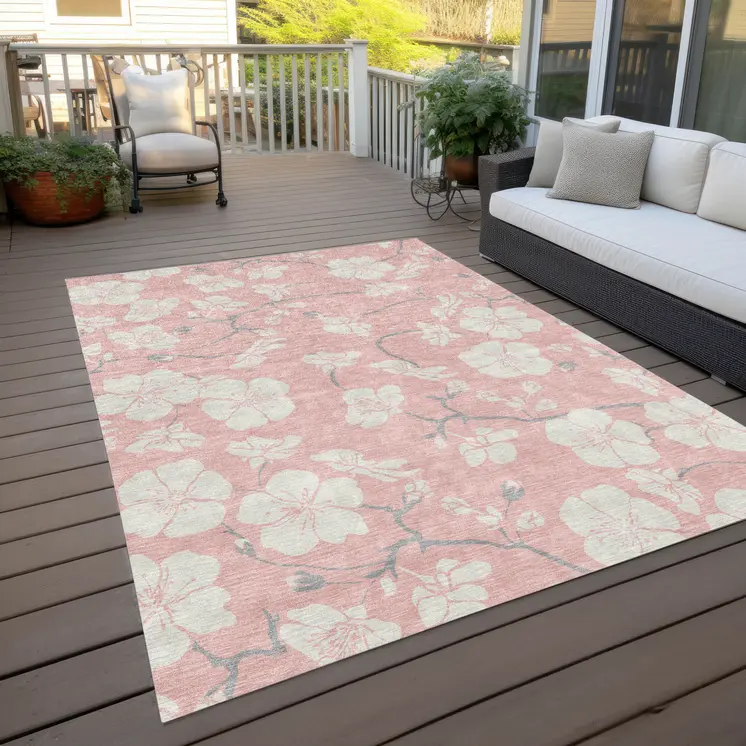 10' X 14' Pink Ivory And Gray Floral Washable Indoor Outdoor Area Rug