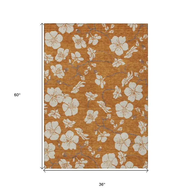 3' X 5' Copper Beige And Brown Floral Washable Indoor Outdoor Area Rug