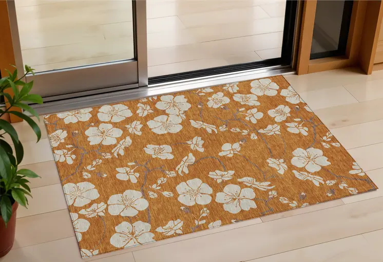 3' X 5' Copper Beige And Brown Floral Washable Indoor Outdoor Area Rug