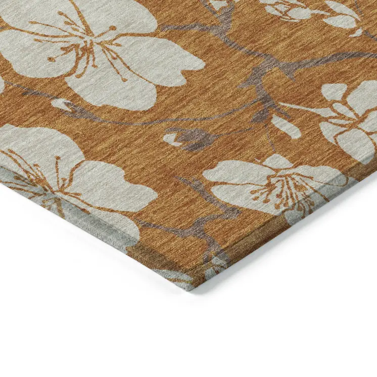 3' X 5' Copper Beige And Brown Floral Washable Indoor Outdoor Area Rug