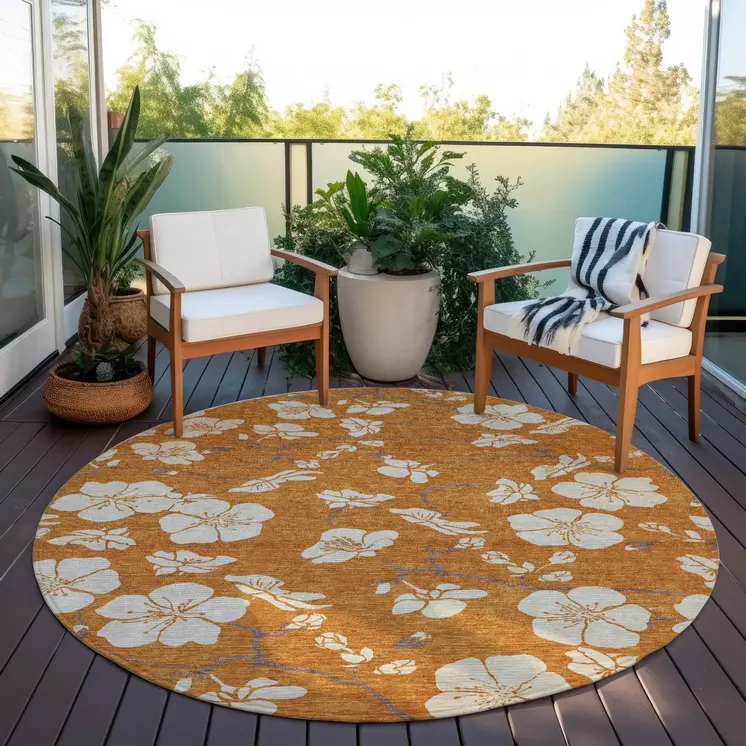 8' Copper Beige And Brown Round Floral Washable Indoor Outdoor Area Rug