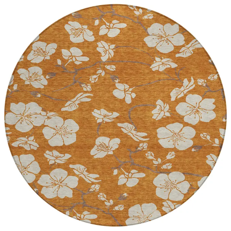 8' Copper Beige And Brown Round Floral Washable Indoor Outdoor Area Rug