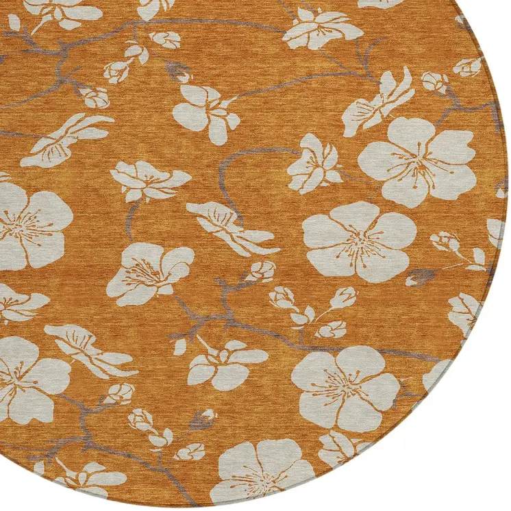 8' Copper Beige And Brown Round Floral Washable Indoor Outdoor Area Rug