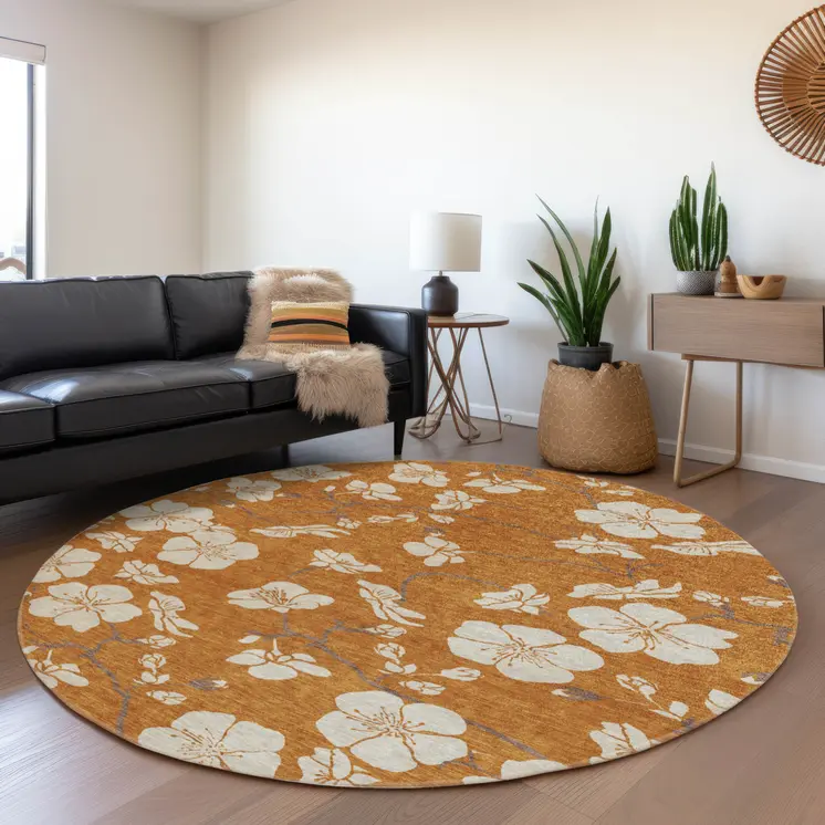 8' Copper Beige And Brown Round Floral Washable Indoor Outdoor Area Rug